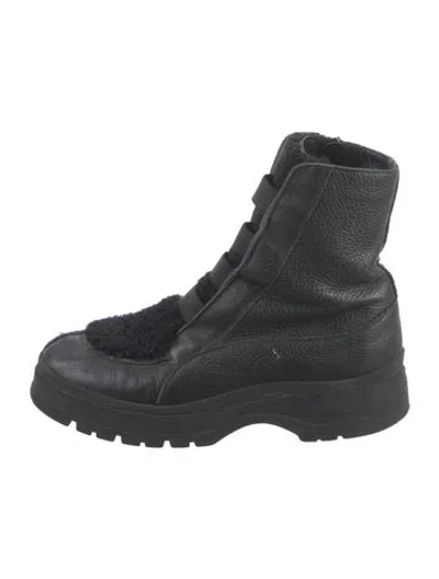 Pre-owned Aquatalia Leather Faux Fur Trim Combat Boots In Black