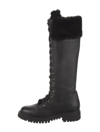 Pre-owned Aquatalia Leather Faux Fur Trim Lace-up Boots In Black