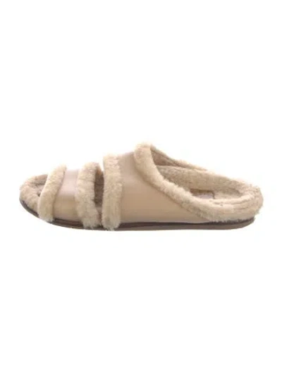 Pre-owned Aquatalia Leather Fur Trim Slides In Neutral