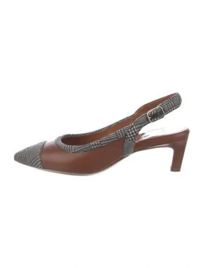 Pre-owned Aquatalia Leather Houndstooth Print Slingback Pumps In Brown