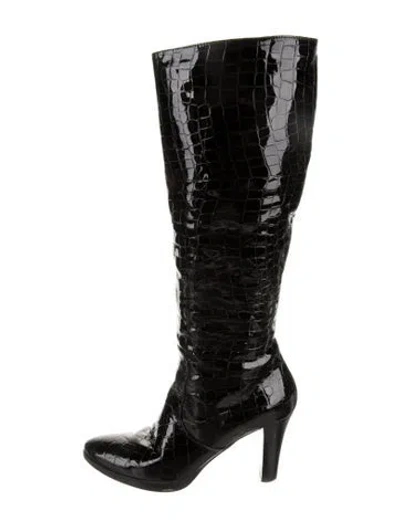 Pre-owned Aquatalia Patent Leather Colorblock Pattern Lace-up Boots In Black