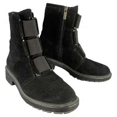 Pre-owned Aquatalia Size 7.5 Black Suede Elastic Side Zipper Ankle Boots