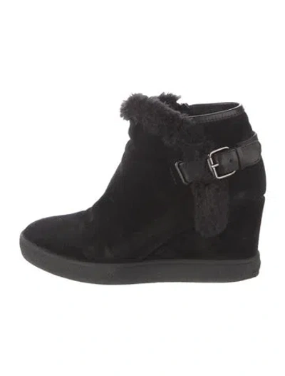 Pre-owned Aquatalia Suede Faux Fur Trim Boots In Black