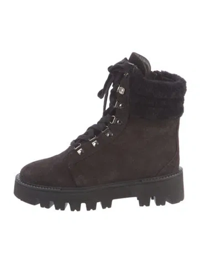 Pre-owned Aquatalia Suede Faux Fur Trim Combat Boots In Brown