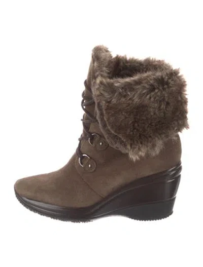 Pre-owned Aquatalia Suede Faux Fur Trim Lace-up Boots In Brown