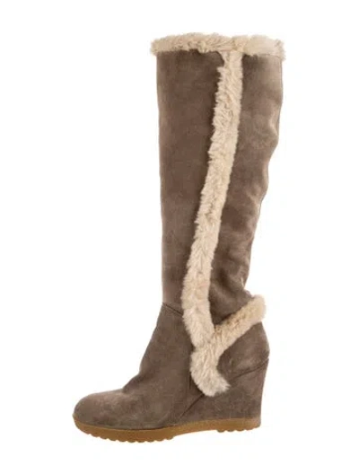 Pre-owned Aquatalia Suede Faux Fur Trim Slouch Boots In Brown