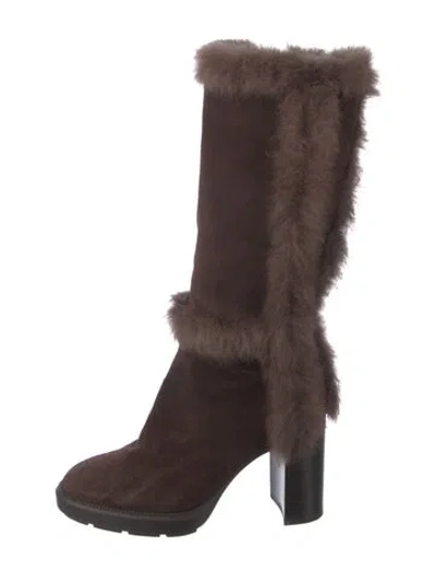 Pre-owned Aquatalia Suede Fur Trim Boots In Brown