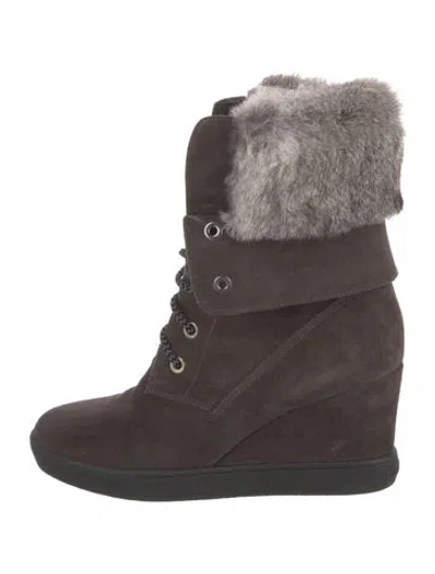 Pre-owned Aquatalia Suede Fur Trim Lace-up Boots In Gray