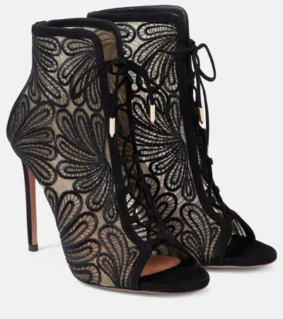 Aquazzura 105 Suede-trimmed Chantilly Lace Ankle Boots In Black