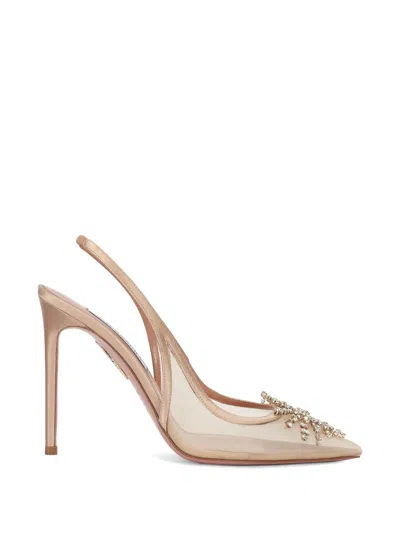 Aquazzura Firework 105 Crystal-embellished Satin-trimmed Mesh Pumps In Neutral