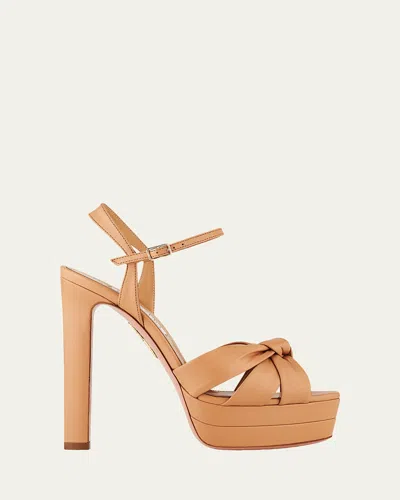 Aquazzura 130mm Nina Leather Knot Platform Sandals In Neutral