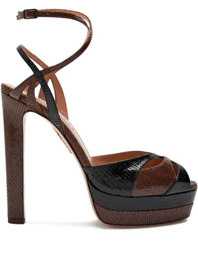 Aquazzura 130mm Plateau Snake-embossed Leather Sandals In Brown