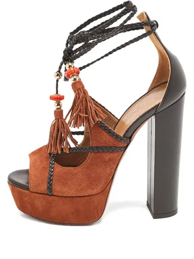 Pre-owned Aquazzura 140mm Platform Tassel Sandals In Brown