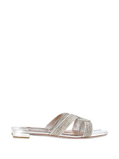 Pre-owned Aquazzura 2024 Gatsby Crystal-embellished Flat Sandals In Silver