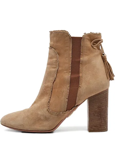 Pre-owned Aquazzura 2024 Tassel Suede Boots In Brown