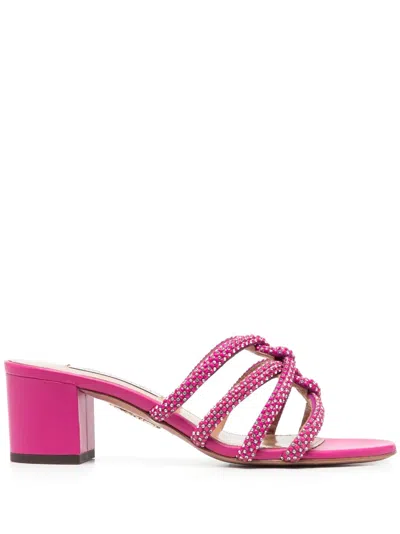 Aquazzura Crystal-embellished Fuchsia Leather Mules In Pink