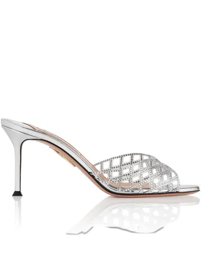 Aquazzura 75mm Crystal-embellished Lattice Mules In Silver