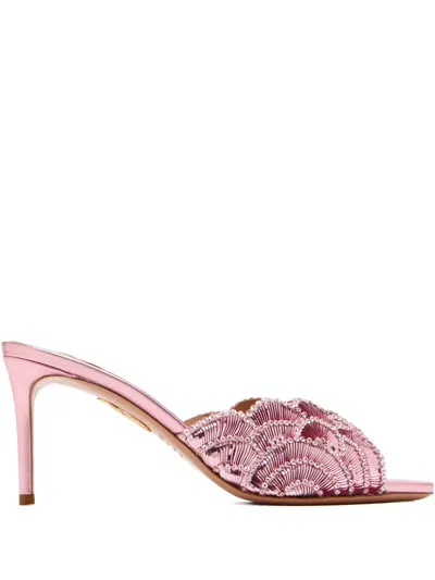 Aquazzura Ce Soir 75 Embellished Scalloped Metallic Leather Mules In Pink