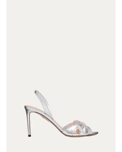 Aquazzura 85mm Metallic Leather Crystal Ribbon Kiss Slingback Sandals In Silver