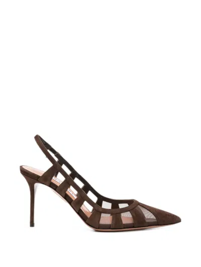 Aquazzura Acreen Mesh-panelled Suede Pumps In Brown
