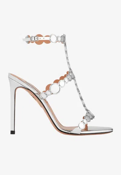 Aquazzura Afterglow 105 Metallic Leather Sandals In Silver