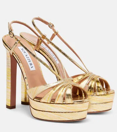Aquazzura Aimée 130 Metallic Leather Platform Sandals In Gold