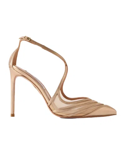 Aquazzura Alana 105 Metallic Leather And Mesh Pumps In Nude