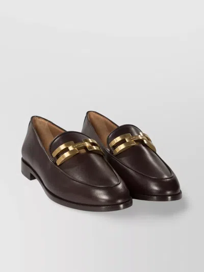 Aquazzura Almond Toe Gold-tone Hardware Leather Sole Loafers In Brown