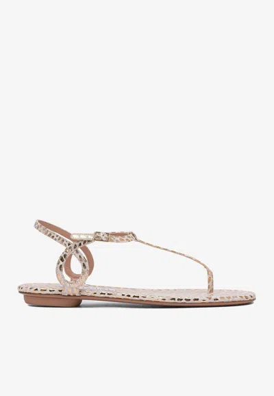 Aquazzura Almost Bare Dragon Leather Flat Sandals In Gold