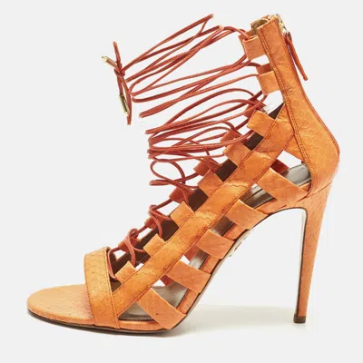 Pre-owned Aquazzura Amazon Size 40.5 Orange Python Lace Up Sandals