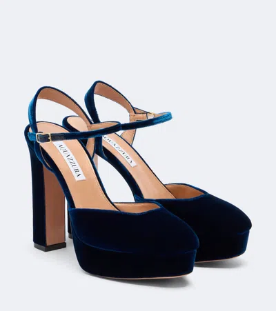 Aquazzura Amira Velvet Platform Slingback Pumps In Blue