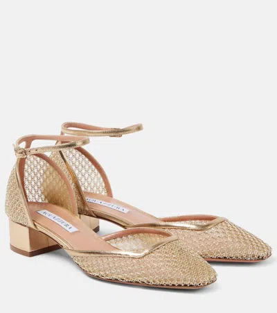 Aquazzura Asha 35 Leather-trimmed Mesh Pumps In Gold