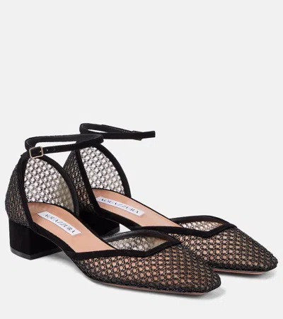 Aquazzura Asha 35 Suede-trimmed Mesh Pumps In Black