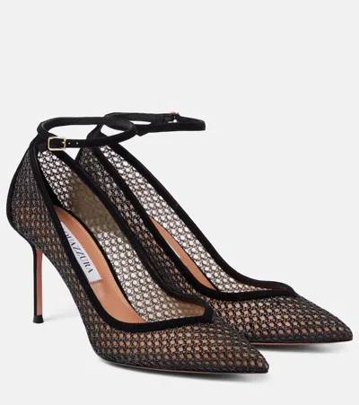 Aquazzura Asha 85 Suede-trimmed Mesh Pumps In Black