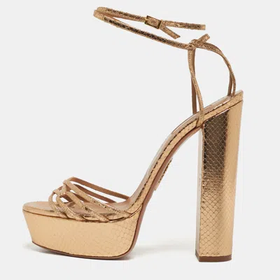Pre-owned Aquazzura Austin Plateau Size 41 Gold Python Embossed Leather Platform Sandals