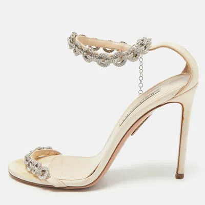Pre-owned Aquazzura Beige Grosgrain Embellished Love Link Sandals Size 37.5