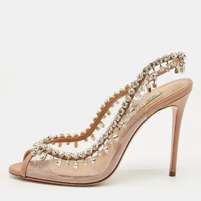 Pre-owned Aquazzura Beige Leather And Pvc Crystal Embellish Temptation Peep Toe Pumps Size 37 In Transparent