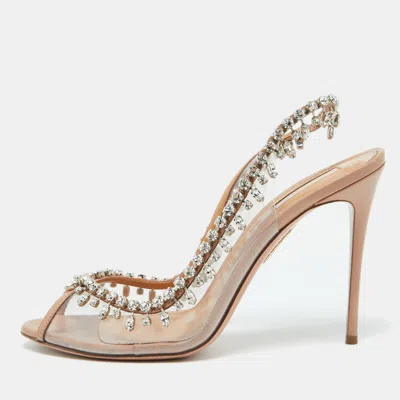 Aquazzura Beige Leather And Pvc Crystal Temptation Slingback Sandals In Neutral