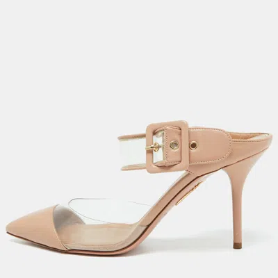 Pre-owned Aquazzura Beige Leather And Pvc Optic Buckle Pointed Toe Mules Size 39