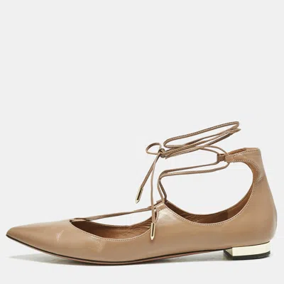 Pre-owned Aquazzura Beige Leather Christy Ankle Wrap Ballet Flats Size 40 In Sand