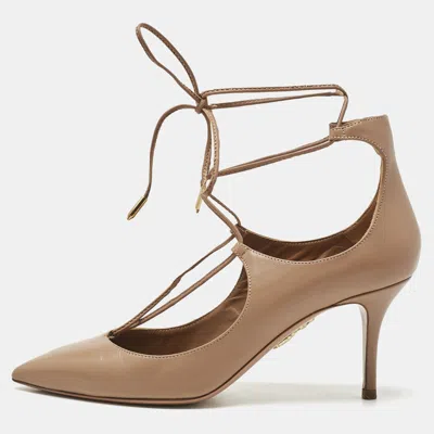 Pre-owned Aquazzura Beige Leather Christy Lace Ankle Wrap Pumps Size 37.5 In Brown