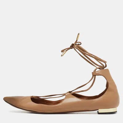 Aquazzura Beige Leather Christy Tie Up Pointed Toe Ballet Flats In Brown