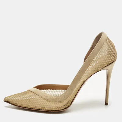 Pre-owned Aquazzura Beige Mesh And Net Kaz D'orsay Pumps Size 40 In Sand