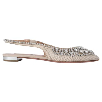 Pre-owned Aquazzura Beige Mesh Marahani Crystal Slingback Flats Shoes 36.5 In Brown