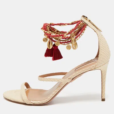 Pre-owned Aquazzura Beige Python Embossed Leather India Ankle Strap Sandals Size 39