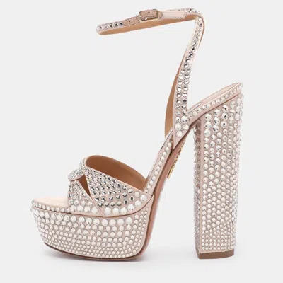 Pre-owned Aquazzura Beige Satin Crystal Embellished Sinner Platform Sandals Size 35