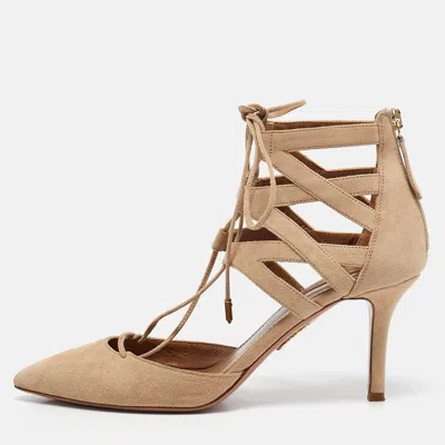 Aquazzura Beige Suede Belgravia Lace Up Pointed Toe Pumps 37.5 In Neutral