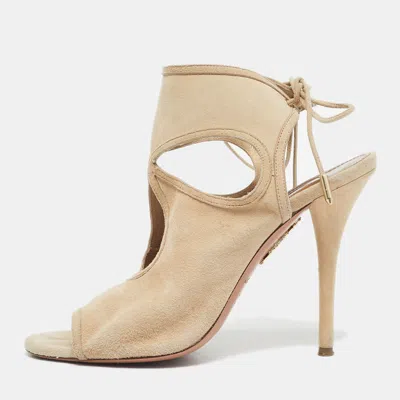 Pre-owned Aquazzura Beige Suede Sexy Thing Cut Out Ankle Tie Up Sandals Size 37