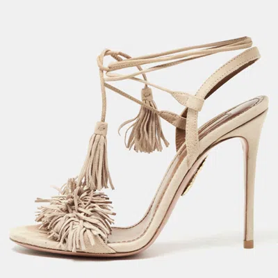 Pre-owned Aquazzura Beige Suede Wild Thing Fringe Ankle Wrap Sandals Size 35