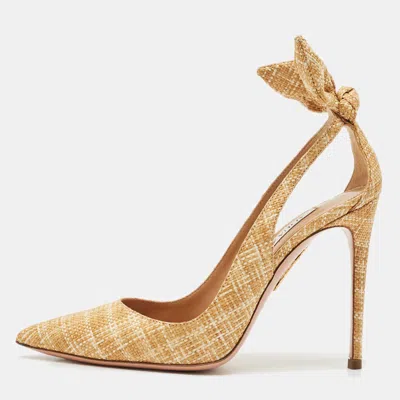 Pre-owned Aquazzura Beige Woven Raffia Bow Tie Pumps Size 35 In Sand